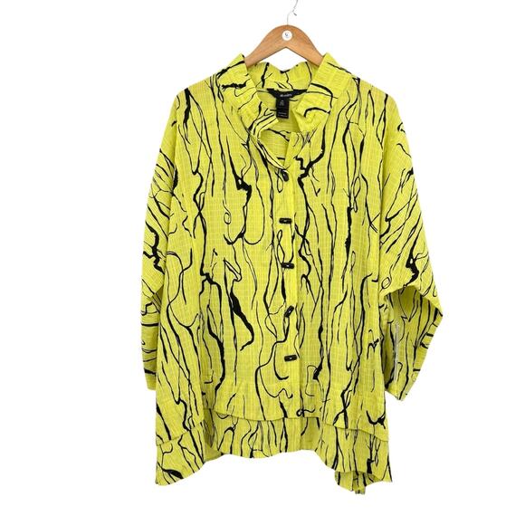 Ali Miles NWT Crinkle Crepe Neon Yellow & Black Abstract Wired Collar Tunic Top - Picture 7 of 12